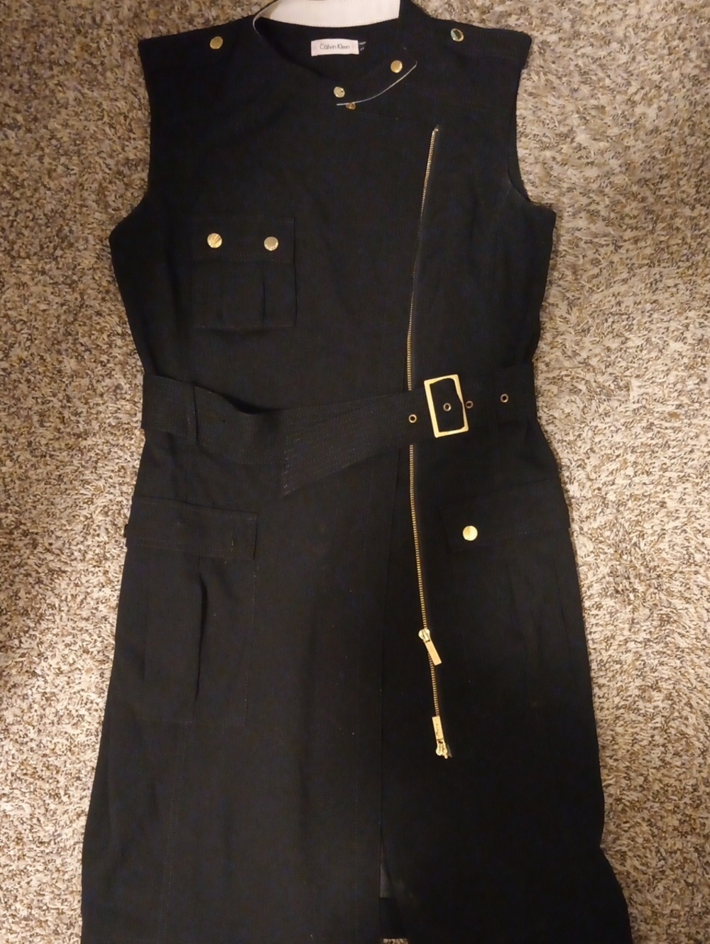 Vintage 12Calvin Klein Black Sleeveless Dress with Gold Hardware and Belt Sz